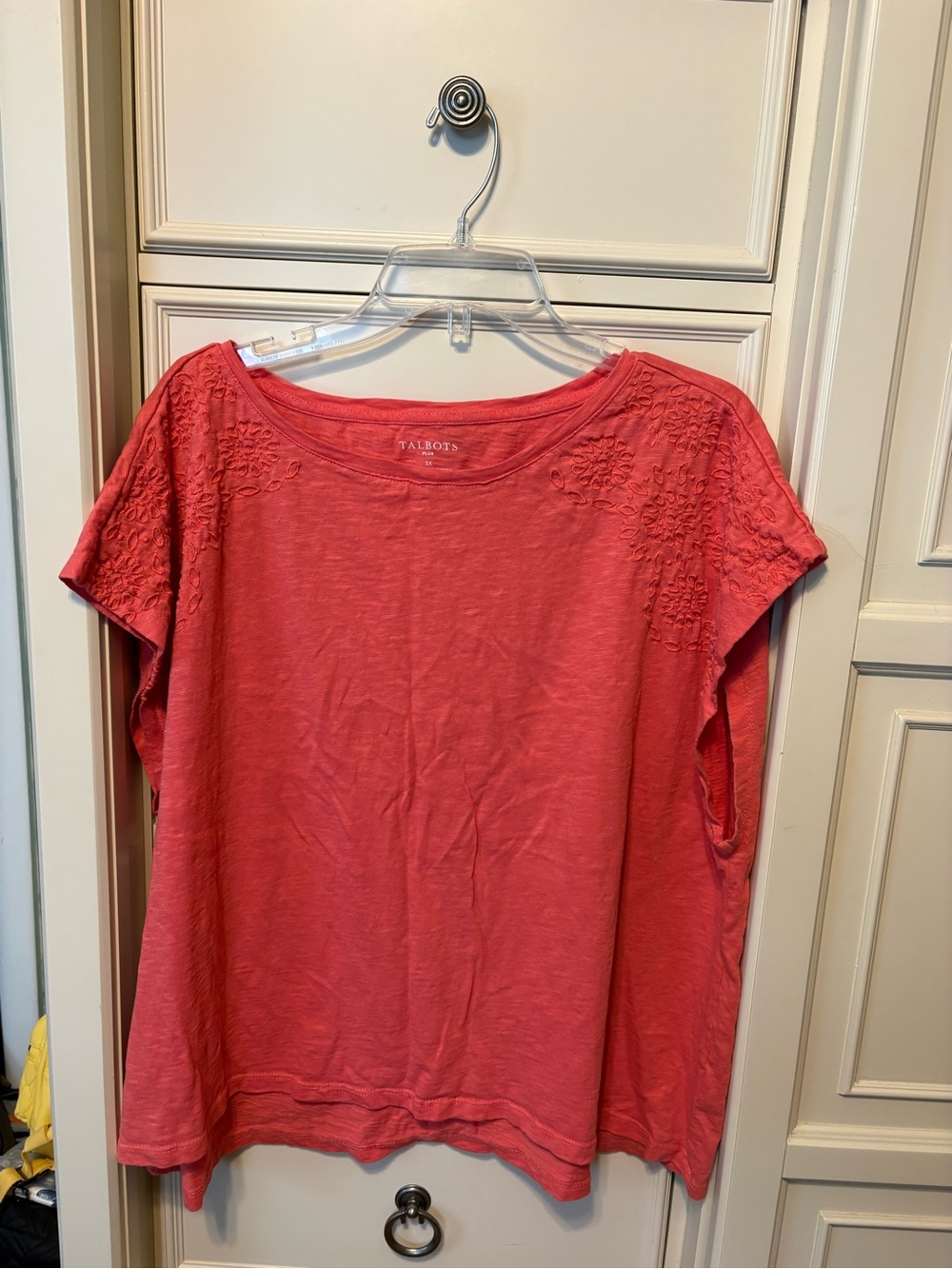 Talbots Coral Short Sleeve Embroidered Shoulder Tee